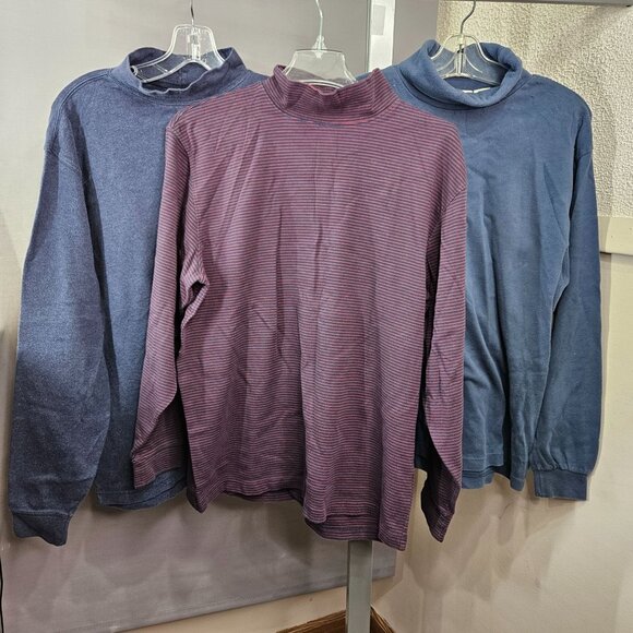 Men Shirt Top Turtle Neck Mock L Casual Cotton Blend Blue Red Solid Stripe Lot 3 - Picture 1 of 12
